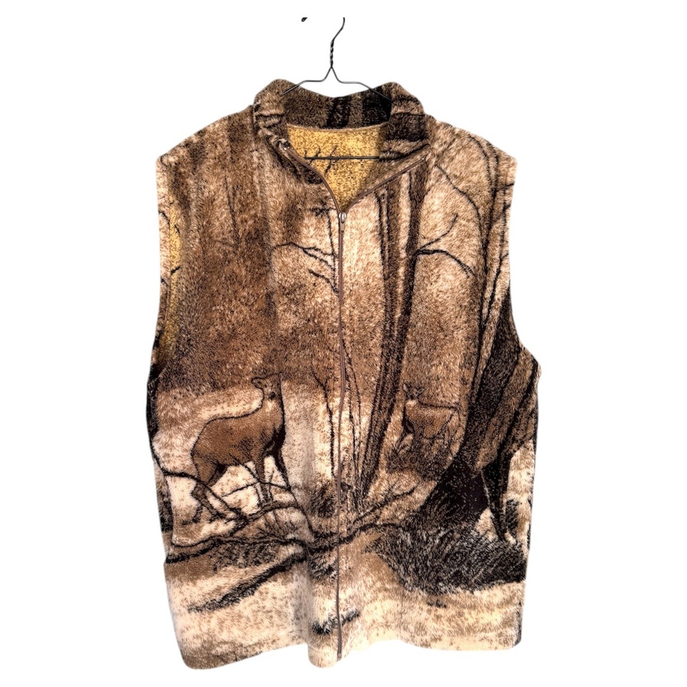 Vintage 90's Deer Forest Scene Fleece Vest Cabin Core Animal‎ Print Sleeveless